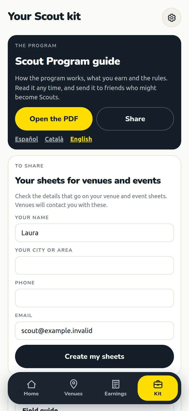 Scout kit with venue and event sheets