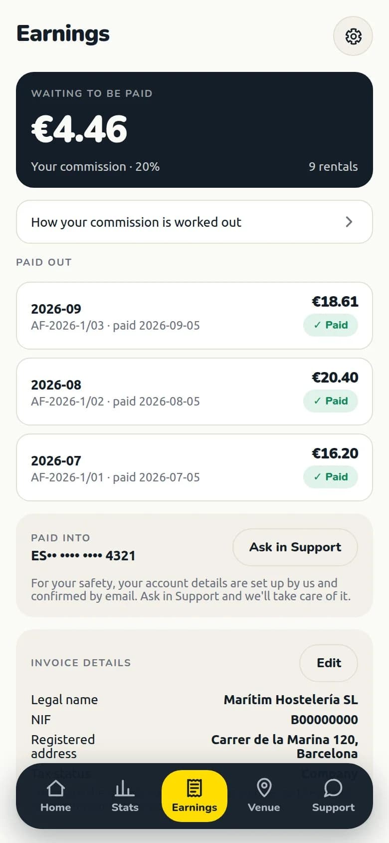 Earnings and paid invoices in the venue dashboard