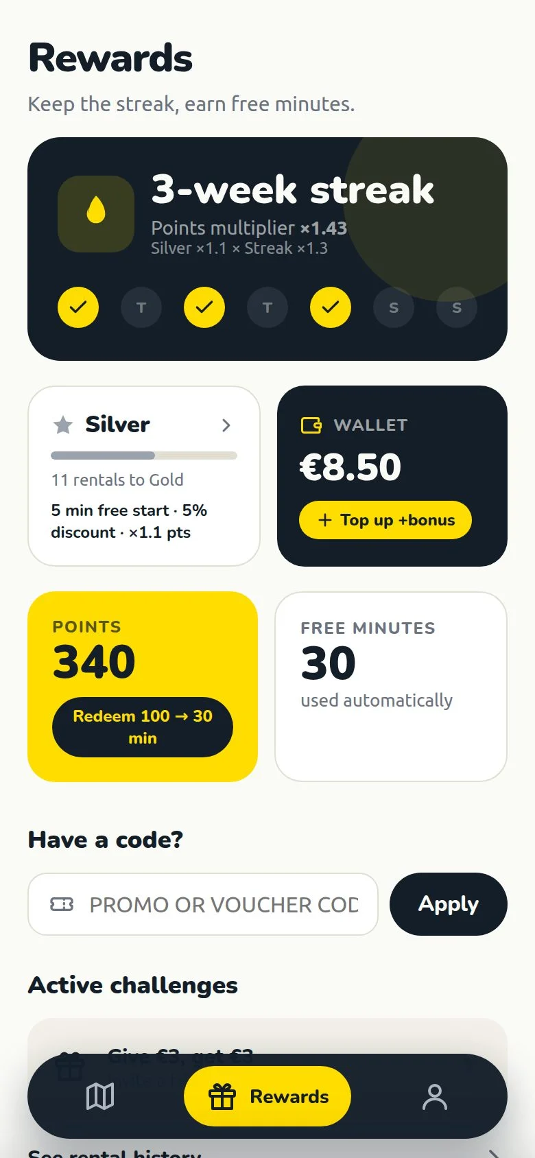 Fully Rewards in the web app: streak, Silver level, points and free minutes