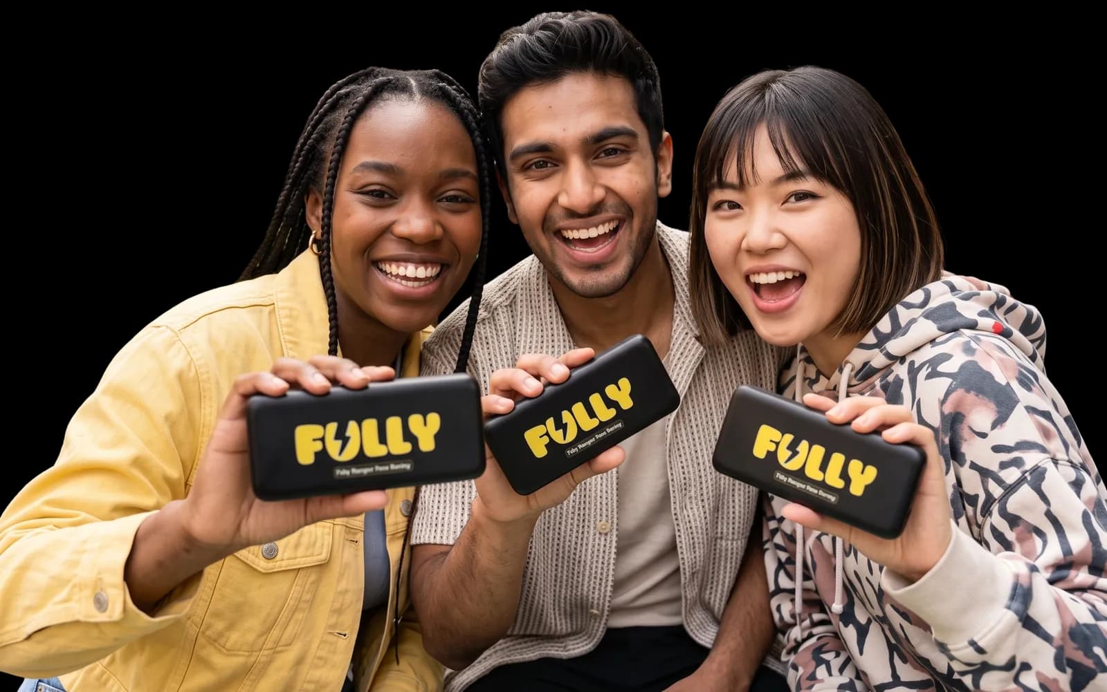Three friends smiling and holding up Fully power banks, rented in Barcelona and Mallorca