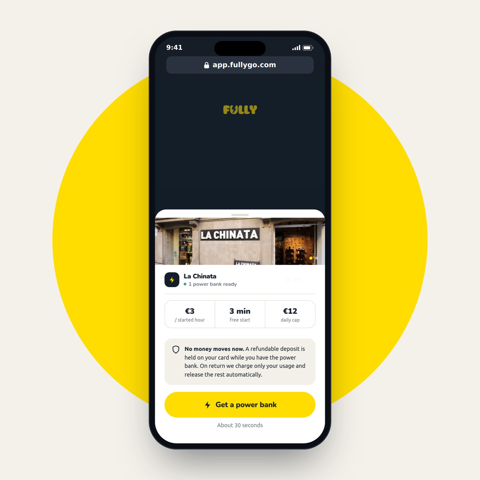 The Fully rental page open in a phone browser at app.fullygo.com, showing the La Chinata station with one power bank ready