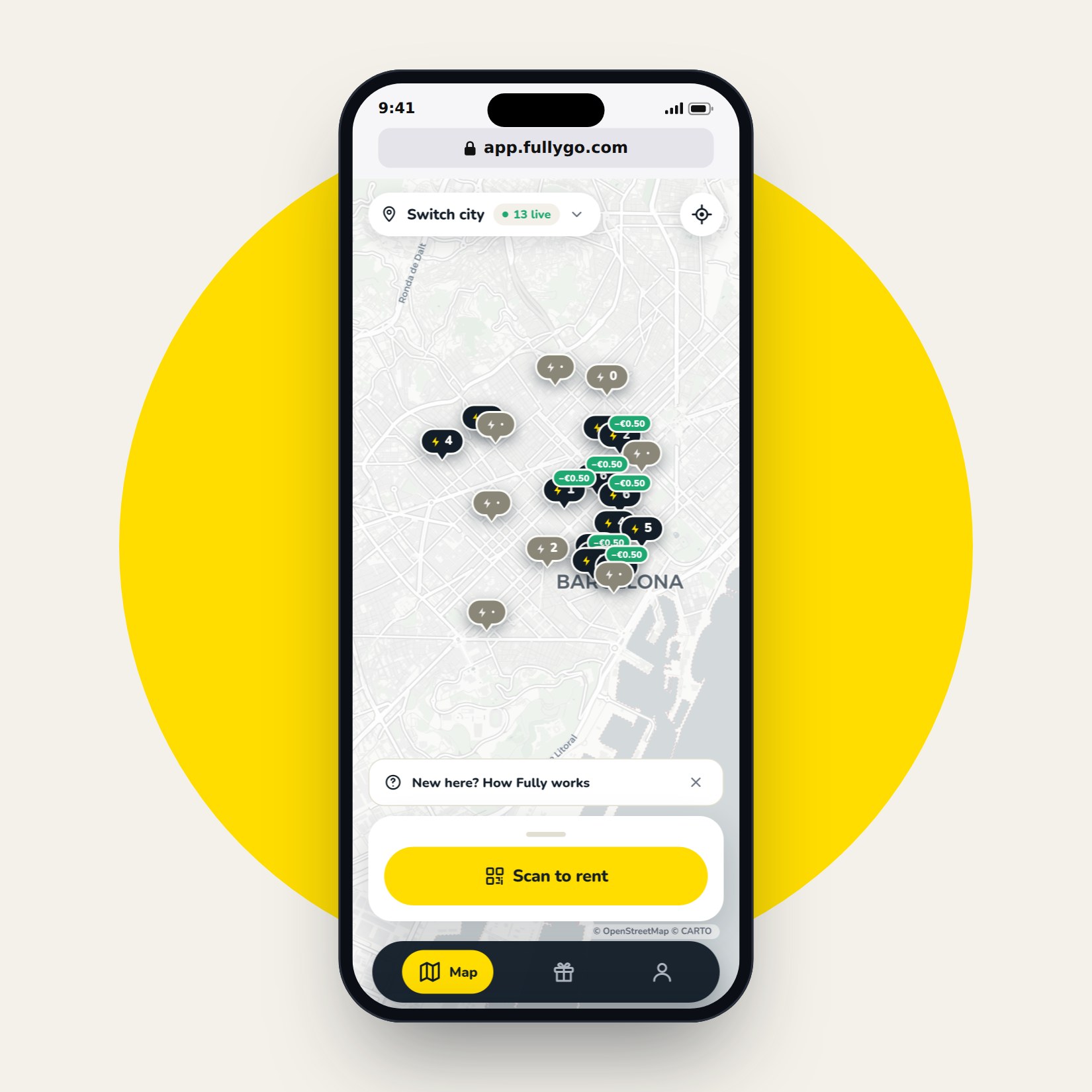 The Fully live map of Barcelona at app.fullygo.com showing stations with power banks available